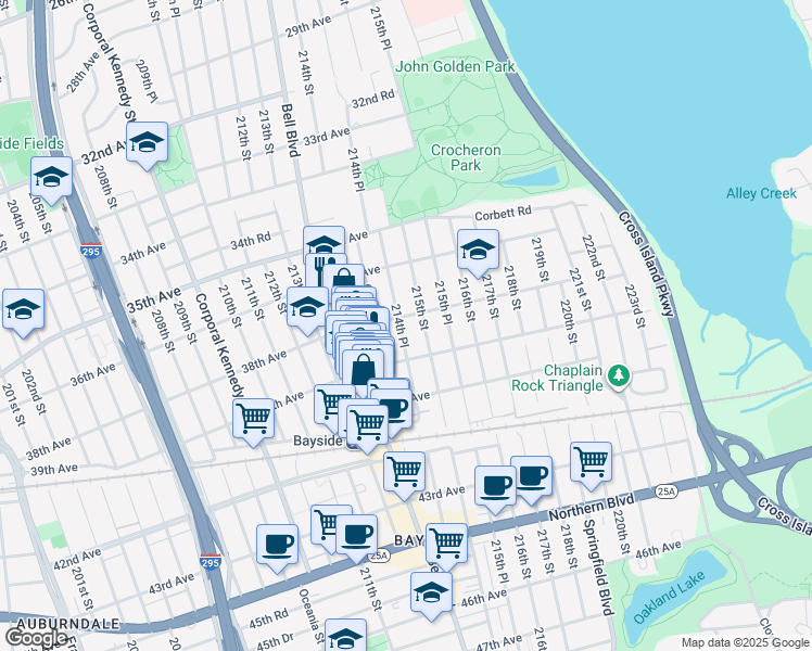 map of restaurants, bars, coffee shops, grocery stores, and more near 214-27 38th Avenue in Queens