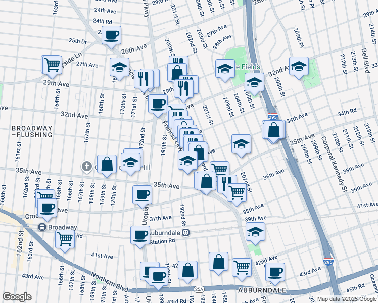 map of restaurants, bars, coffee shops, grocery stores, and more near 33-20 Jordan Street in Queens