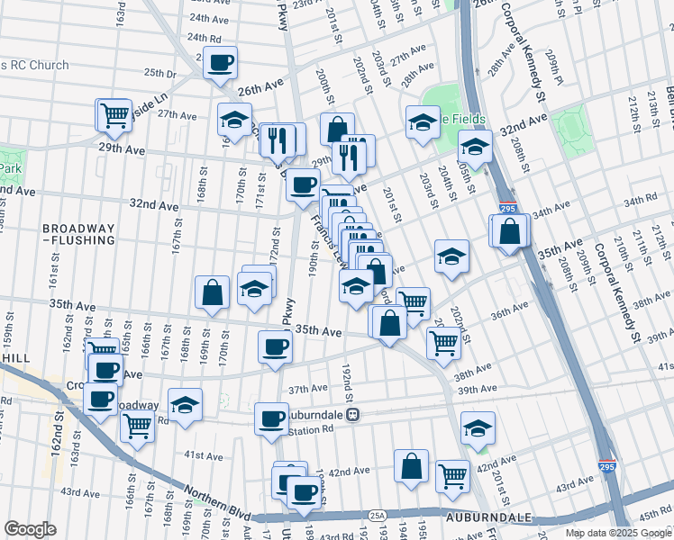 map of restaurants, bars, coffee shops, grocery stores, and more near 190-17 33rd Avenue in Queens