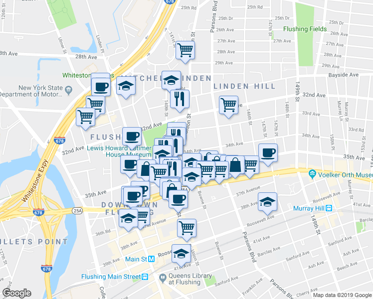 map of restaurants, bars, coffee shops, grocery stores, and more near 33-33 Union Street in Queens