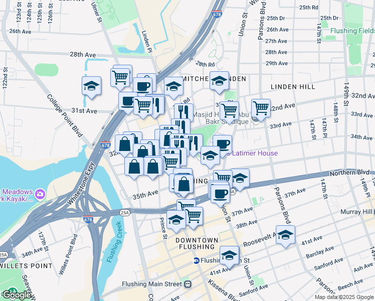 map of restaurants, bars, coffee shops, grocery stores, and more near 32-25 Linden Place in Queens