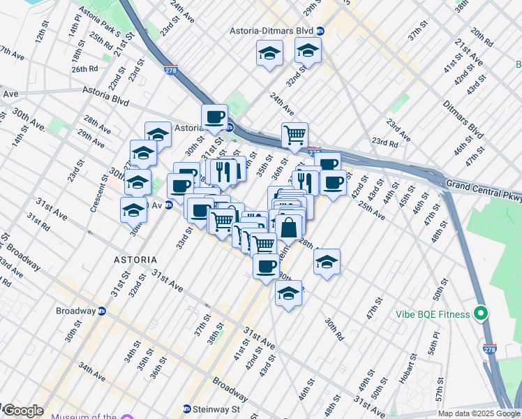 map of restaurants, bars, coffee shops, grocery stores, and more near 25-81 36th Street in Queens