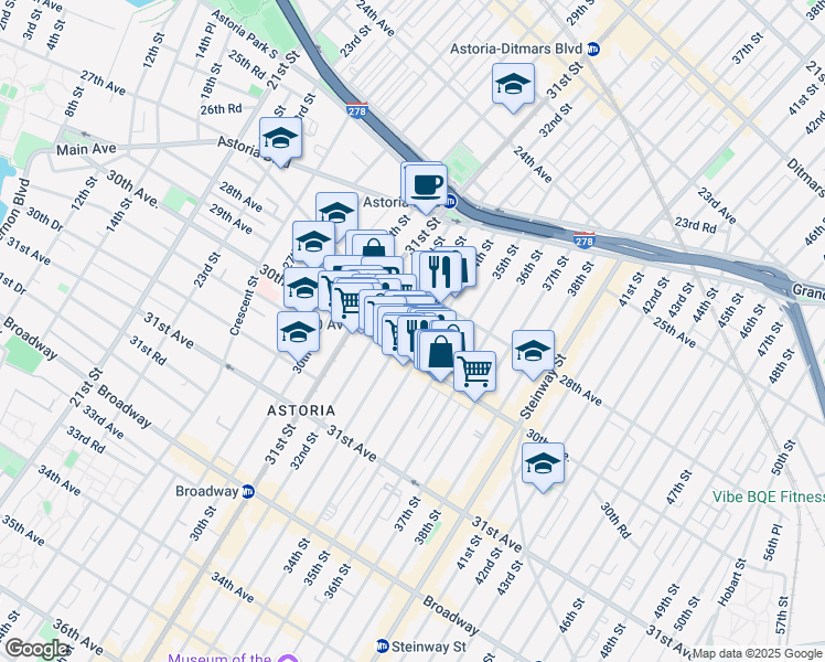map of restaurants, bars, coffee shops, grocery stores, and more near 28-19 33rd Street in Queens