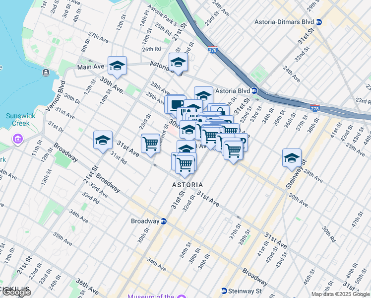 map of restaurants, bars, coffee shops, grocery stores, and more near 2928 30th Avenue in Queens