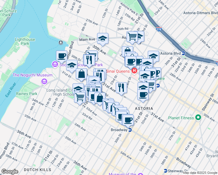 map of restaurants, bars, coffee shops, grocery stores, and more near 21-23 31st Avenue in Queens