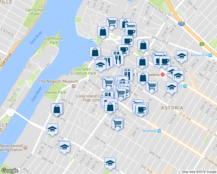 map of restaurants, bars, coffee shops, grocery stores, and more near 31-50 14th Street in Queens