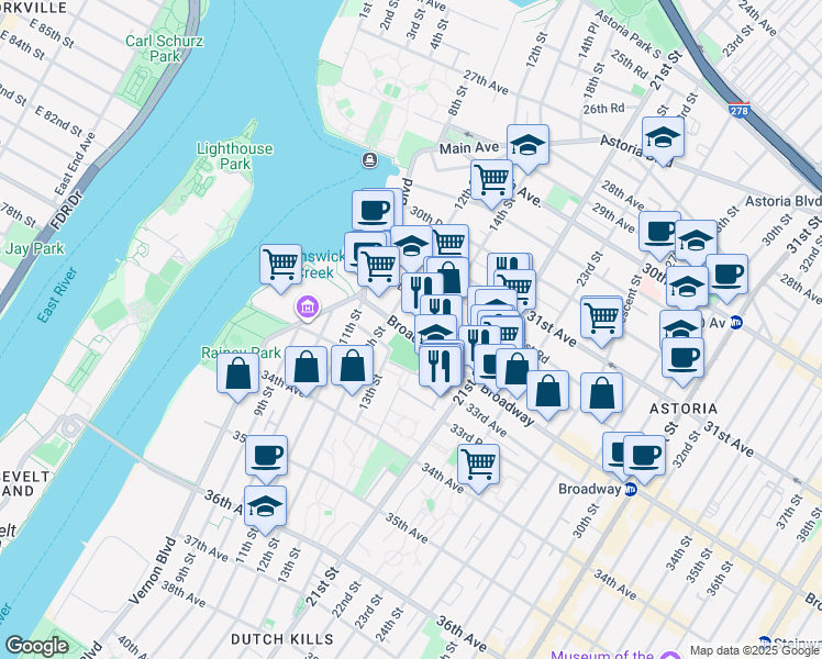 map of restaurants, bars, coffee shops, grocery stores, and more near 31-50 14th Street in Queens