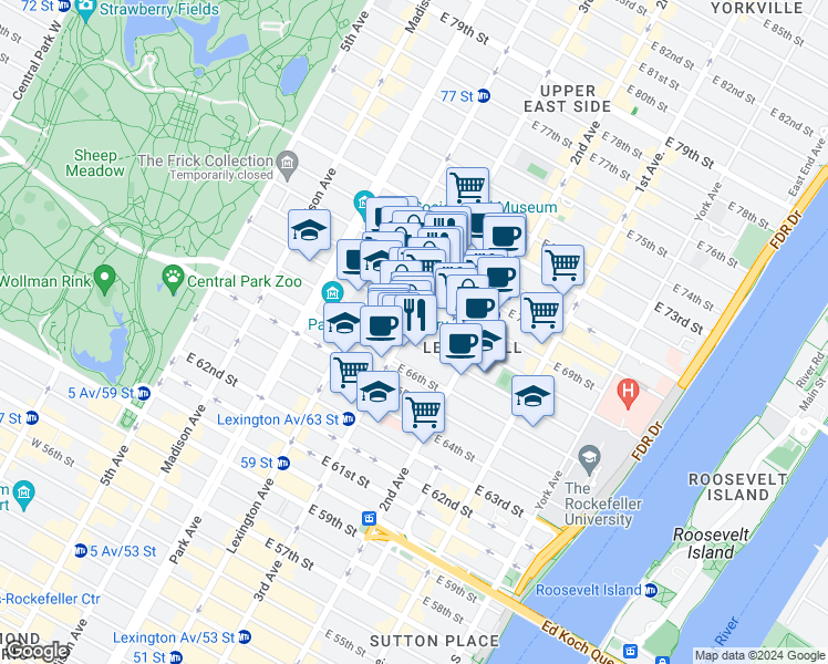 map of restaurants, bars, coffee shops, grocery stores, and more near 1175 3rd Avenue in New York