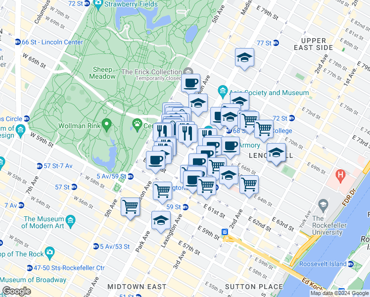 map of restaurants, bars, coffee shops, grocery stores, and more near 42A East 65th Street in New York