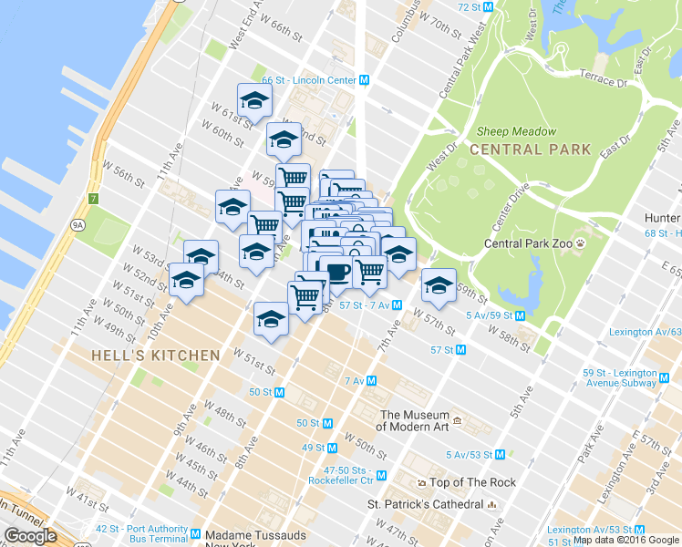 map of restaurants, bars, coffee shops, grocery stores, and more near Columbus Circle in New York