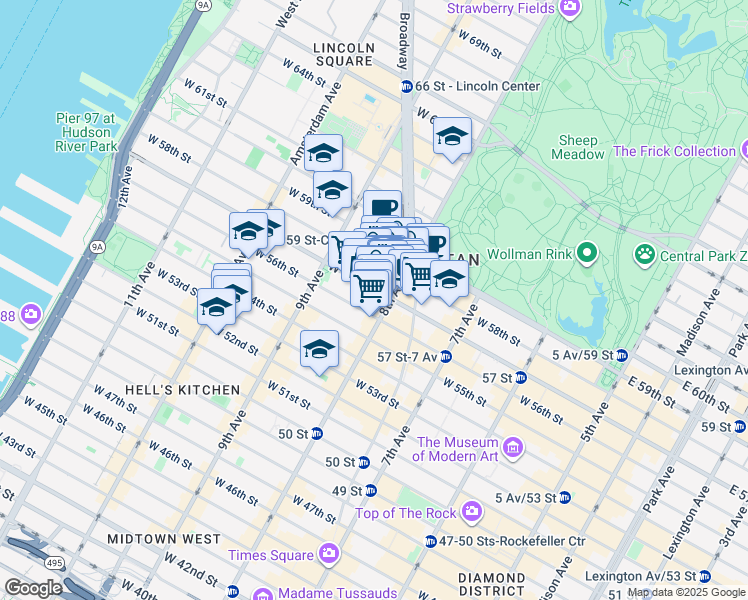 map of restaurants, bars, coffee shops, grocery stores, and more near Columbus Circle in New York