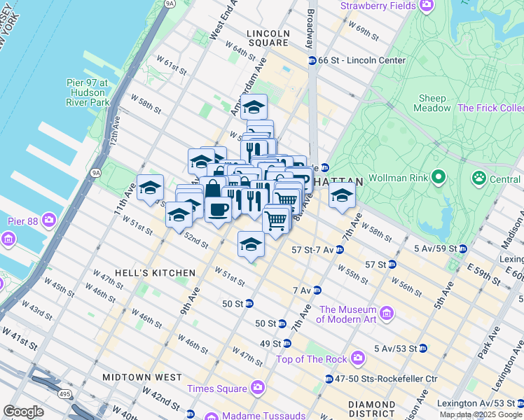 map of restaurants, bars, coffee shops, grocery stores, and more near in New York