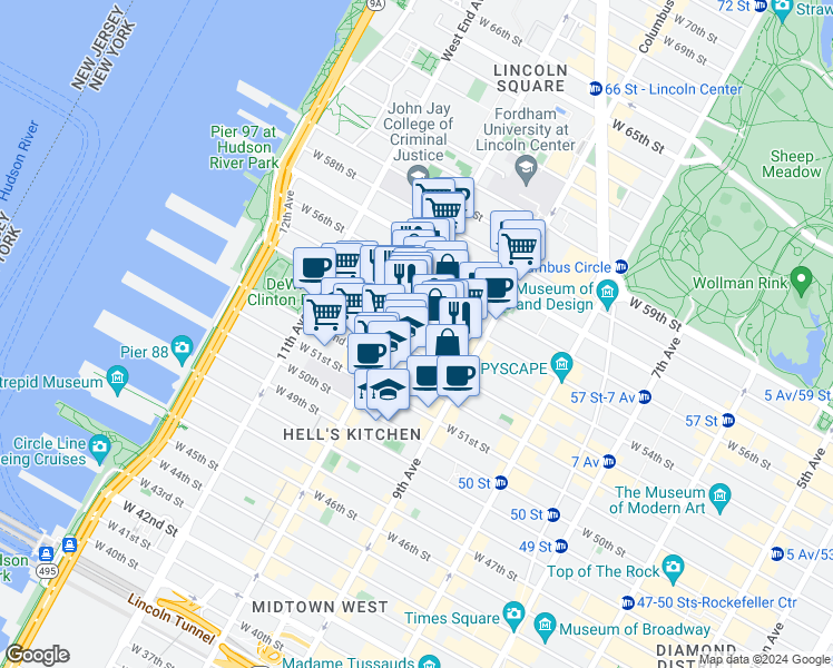 map of restaurants, bars, coffee shops, grocery stores, and more near 443 West 54th Street in New York