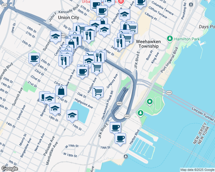 map of restaurants, bars, coffee shops, grocery stores, and more near in Weehawken