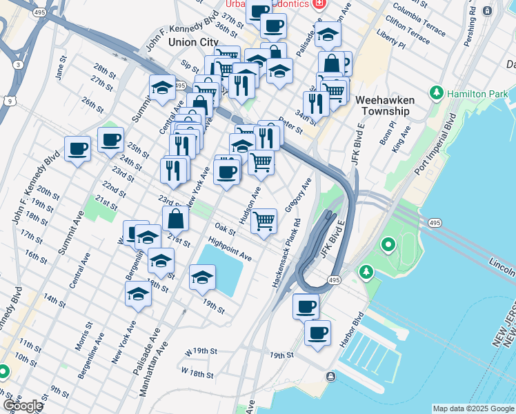 map of restaurants, bars, coffee shops, grocery stores, and more near 101 Maple Street in Weehawken