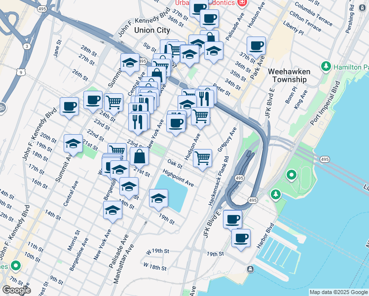 map of restaurants, bars, coffee shops, grocery stores, and more near 208 Dodd Street in Weehawken