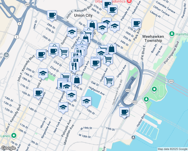 map of restaurants, bars, coffee shops, grocery stores, and more near 2410 Palisade Avenue in Weehawken