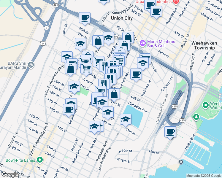 map of restaurants, bars, coffee shops, grocery stores, and more near in Union City