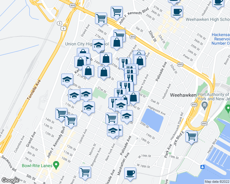 map of restaurants, bars, coffee shops, grocery stores, and more near 619 22nd Street in Union City