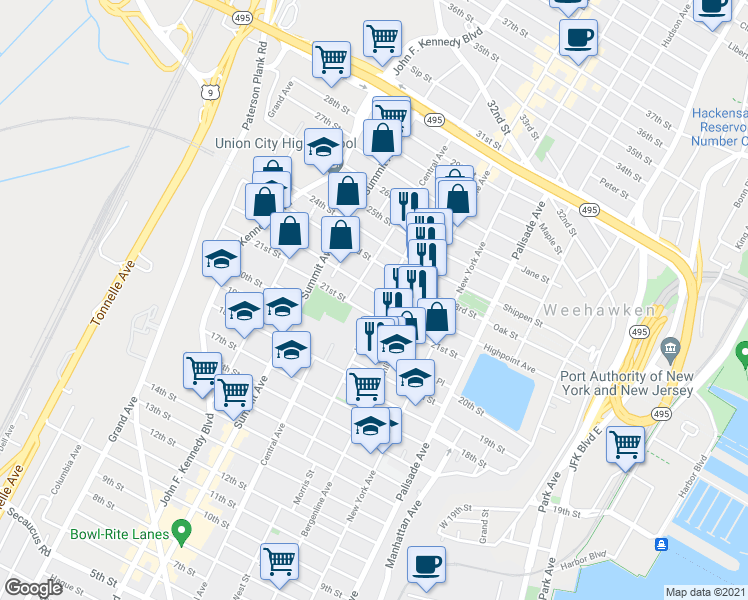map of restaurants, bars, coffee shops, grocery stores, and more near 619 22nd Street in Union City