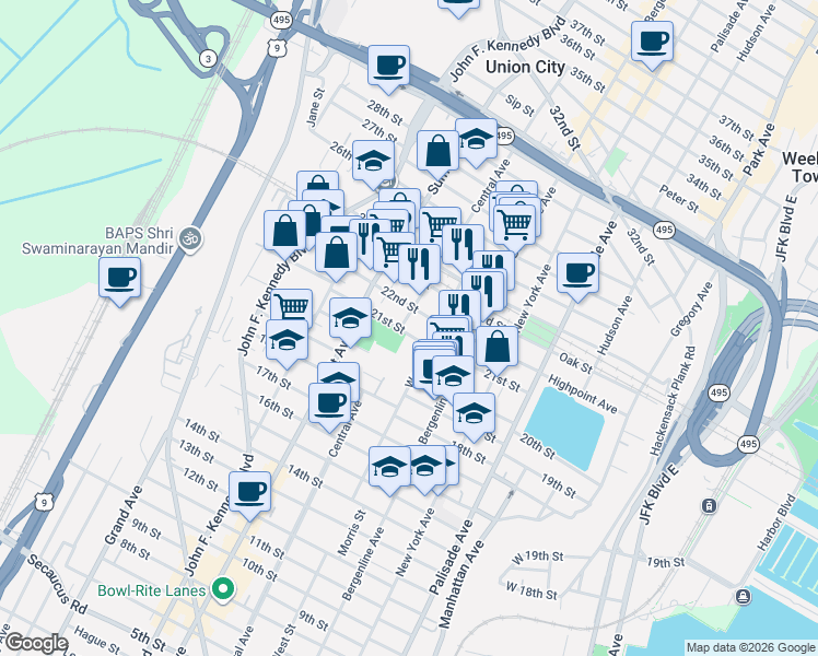 map of restaurants, bars, coffee shops, grocery stores, and more near 619 22nd Street in Union City
