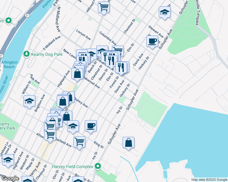 map of restaurants, bars, coffee shops, grocery stores, and more near 398 Forest Street in Kearny