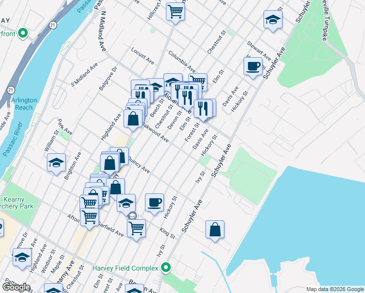 map of restaurants, bars, coffee shops, grocery stores, and more near 402 Forest Street in Kearny