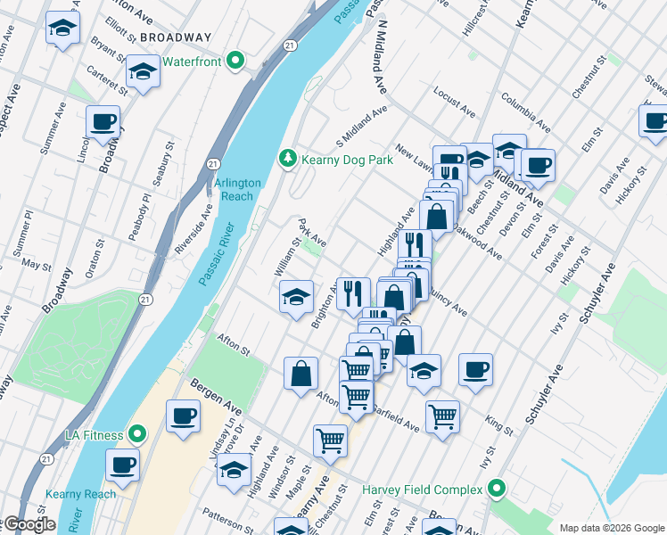 map of restaurants, bars, coffee shops, grocery stores, and more near 10 Trinity Place in Kearny