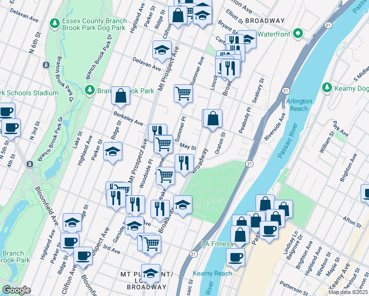 map of restaurants, bars, coffee shops, grocery stores, and more near 21 May Street in Newark