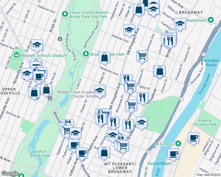 map of restaurants, bars, coffee shops, grocery stores, and more near 444 Mount Prospect Avenue in Newark