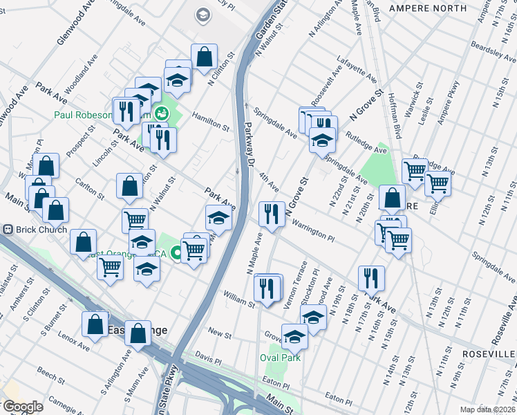 map of restaurants, bars, coffee shops, grocery stores, and more near 288 North Oraton Parkway in East Orange