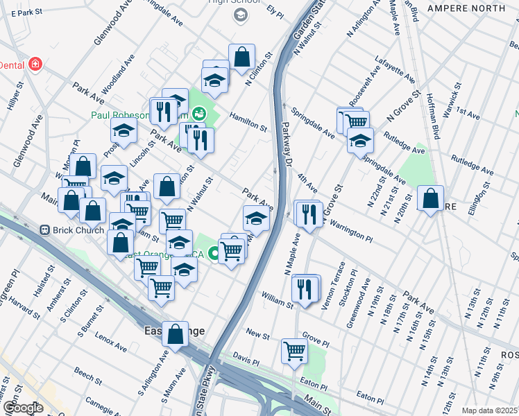map of restaurants, bars, coffee shops, grocery stores, and more near 329 Park Avenue in East Orange