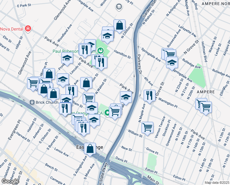 map of restaurants, bars, coffee shops, grocery stores, and more near 14 Summit Street in East Orange