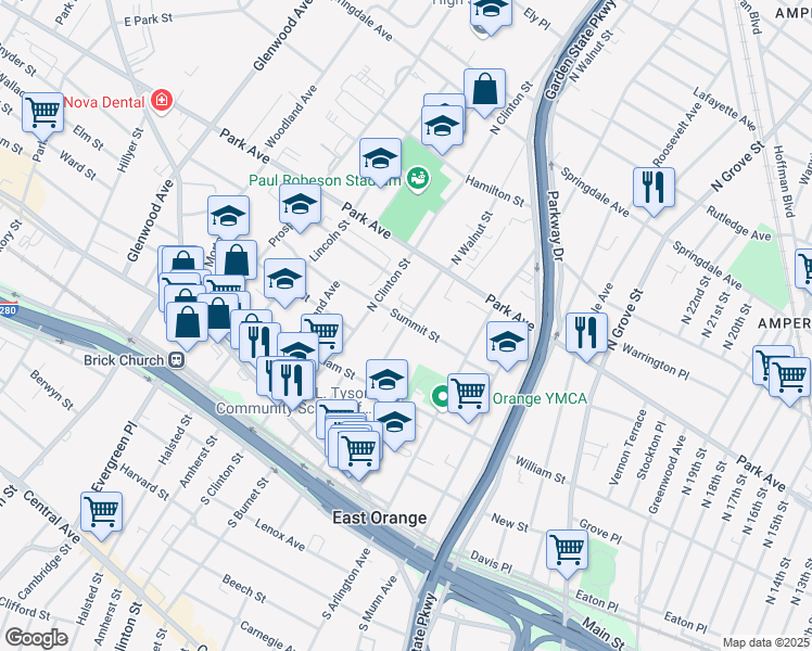 map of restaurants, bars, coffee shops, grocery stores, and more near 144 North Walnut Street in East Orange