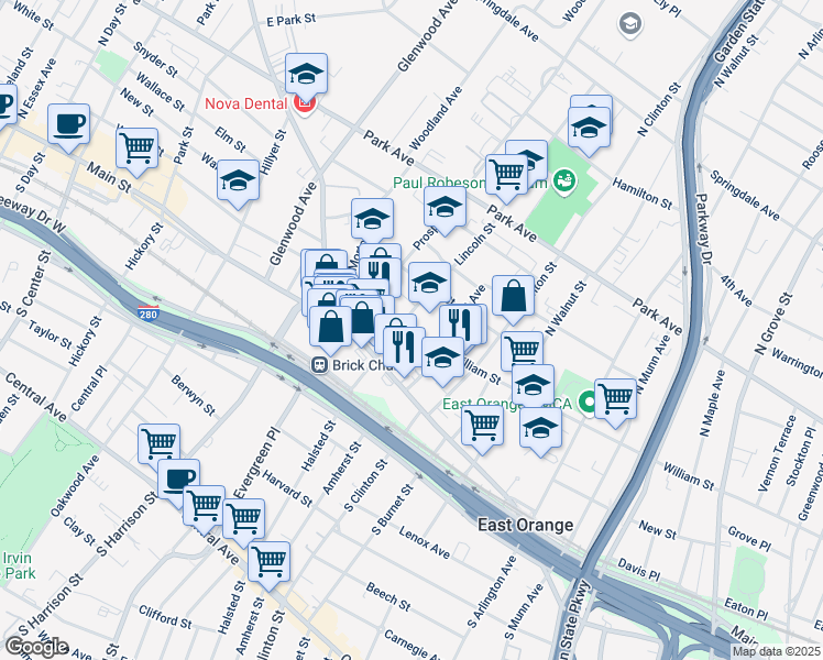 map of restaurants, bars, coffee shops, grocery stores, and more near 508 Main Street in East Orange
