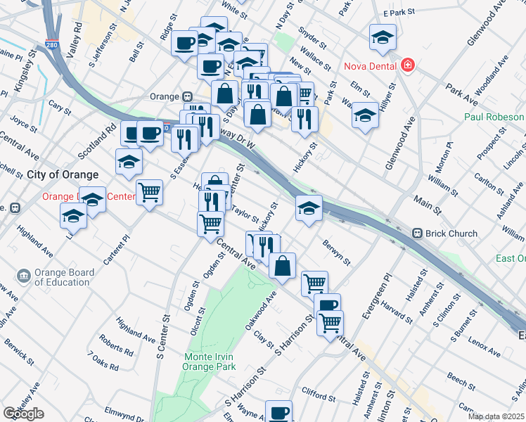 map of restaurants, bars, coffee shops, grocery stores, and more near 170 Pierson Street in City of Orange