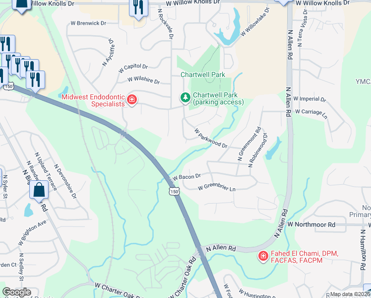 map of restaurants, bars, coffee shops, grocery stores, and more near 6523 North Cedarbrook Lane in Peoria