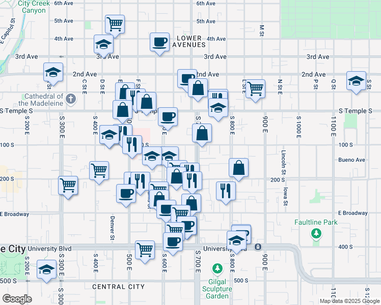 map of restaurants, bars, coffee shops, grocery stores, and more near 680 East 100 South in Salt Lake City