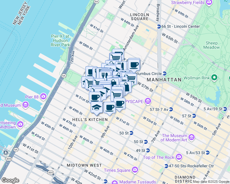 map of restaurants, bars, coffee shops, grocery stores, and more near 443 West 54th Street in New York
