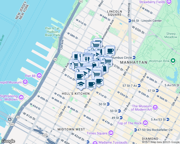 map of restaurants, bars, coffee shops, grocery stores, and more near 448 West 54th Street in New York