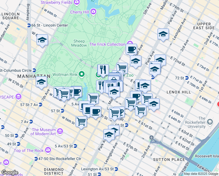 map of restaurants, bars, coffee shops, grocery stores, and more near 7 East 63rd Street in New York