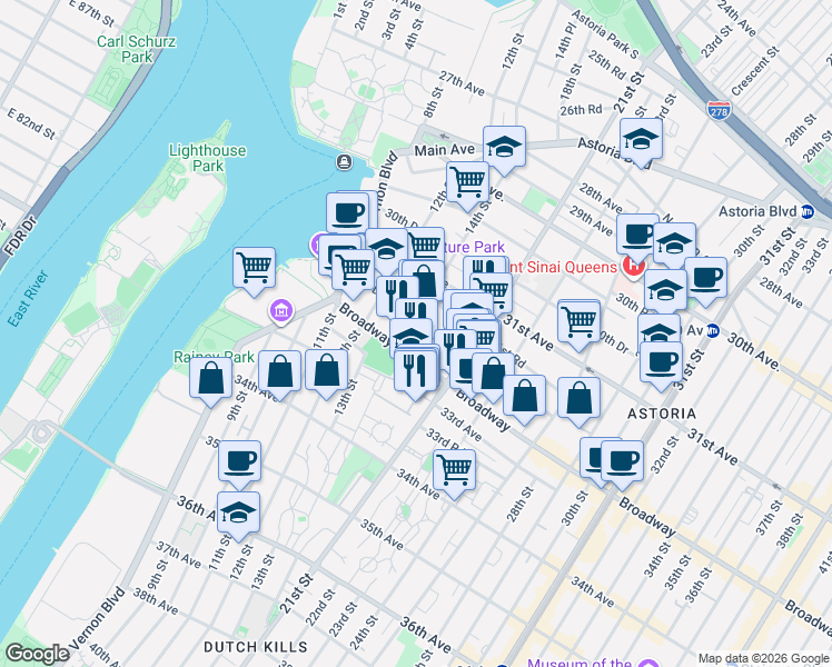 map of restaurants, bars, coffee shops, grocery stores, and more near 31-57 14th Street in Queens
