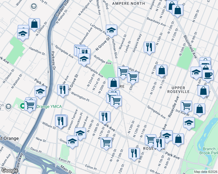 map of restaurants, bars, coffee shops, grocery stores, and more near 263 North 19th Street in East Orange