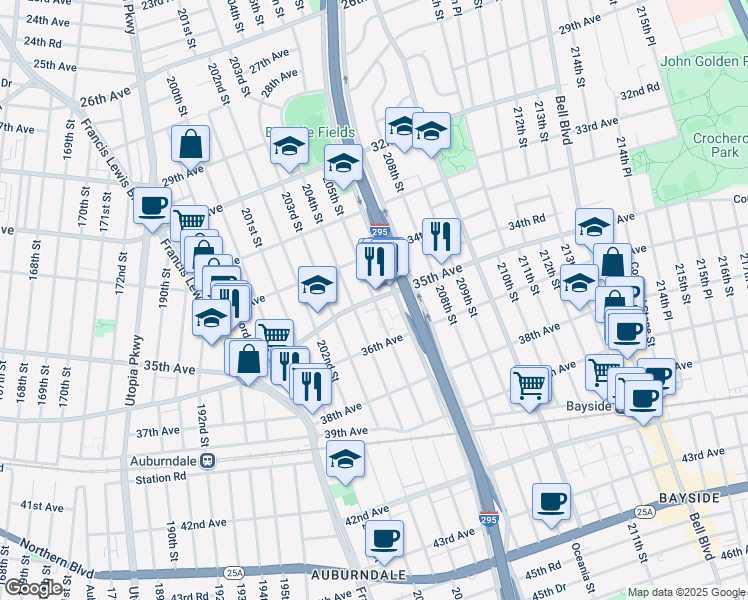 map of restaurants, bars, coffee shops, grocery stores, and more near 35-42 205th Street in Queens