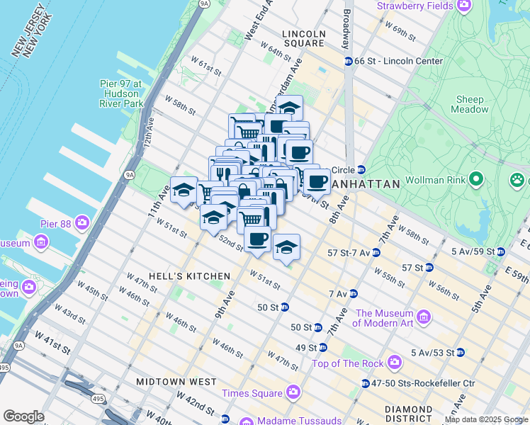 map of restaurants, bars, coffee shops, grocery stores, and more near 411 West 55th Street in New York