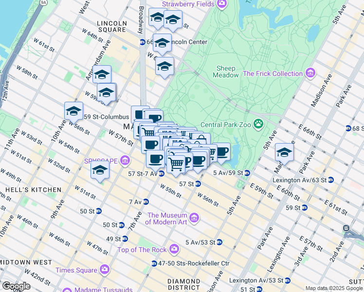 map of restaurants, bars, coffee shops, grocery stores, and more near 7th Avenue in New York