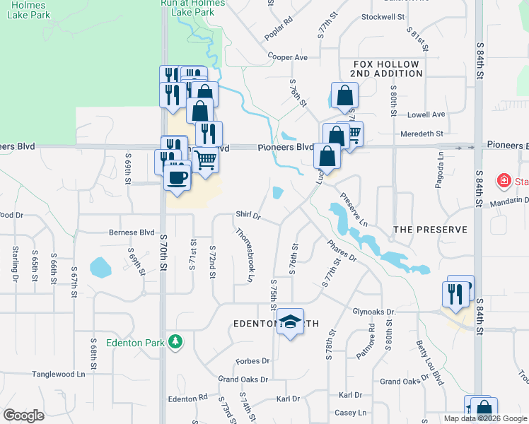 map of restaurants, bars, coffee shops, grocery stores, and more near 4655 Shirl Court in Lincoln