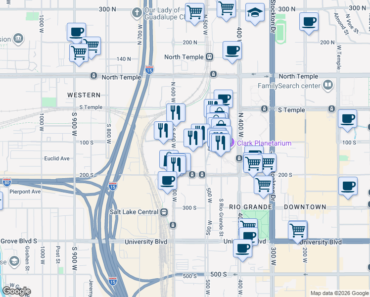 map of restaurants, bars, coffee shops, grocery stores, and more near 565 West 100 South in Salt Lake City