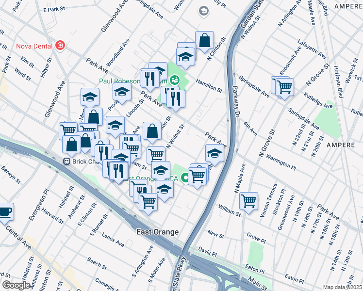 map of restaurants, bars, coffee shops, grocery stores, and more near 18 Summit Street in East Orange