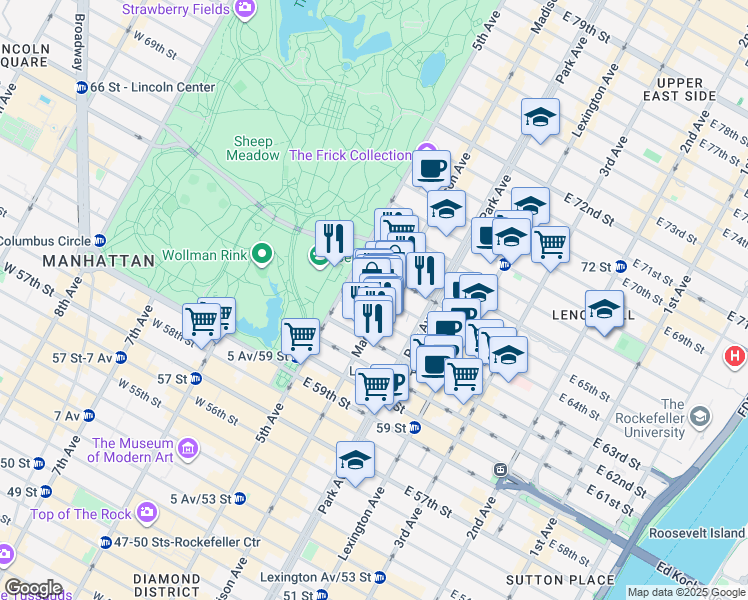 map of restaurants, bars, coffee shops, grocery stores, and more near 17 East 64th Street in New York